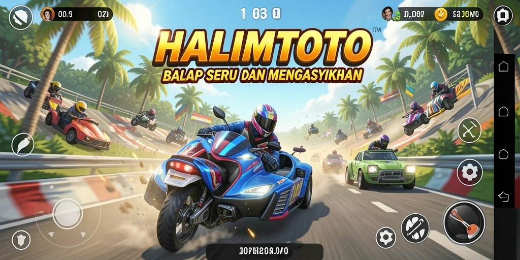 Tampilan gameplay balap seru di HALIMTOTO dengan mobil dan trek menantang.