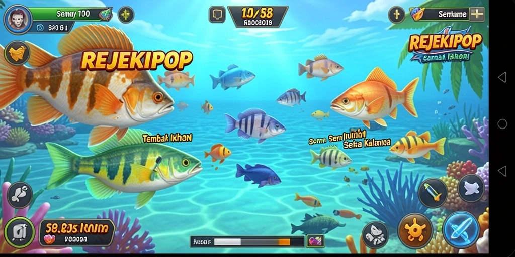 Screenshot gameplay REJEKIPOP dengan aksi menangkap ikan.