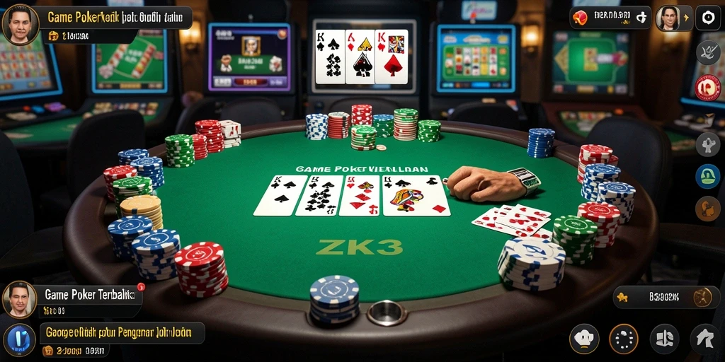 Screenshot gameplay ZK3 menampilkan aksi Poker yang mendebarkan.