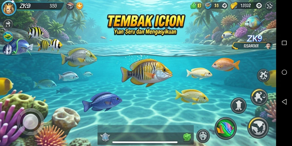 Screenshot menampilkan gameplay seru ZK9 saat menangkap ikan.